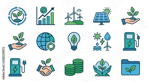 Elegant Collection of Sustainable Energy and Environmental Growth Icons in Green Blue and White Color Scheme