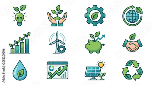 Modern Illustrated Icons of Sustainable Growth Renewable Energy and Eco Friendly Concepts in Green and Blue