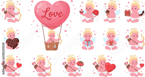Εκτύπωση καμβά Cute Cupid Valentine Vector Set, Baby Angel Character Illustration Collection wi