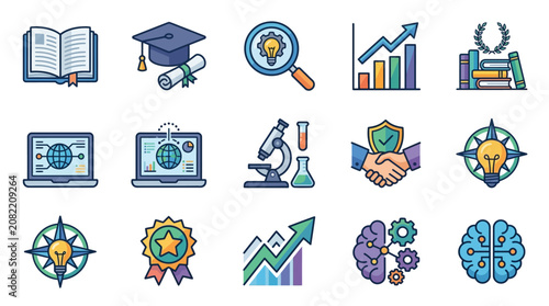 Industrial Style Set of 15 Colorful Educational Innovation and Achievement Icons with Books Charts and Lab Equipment