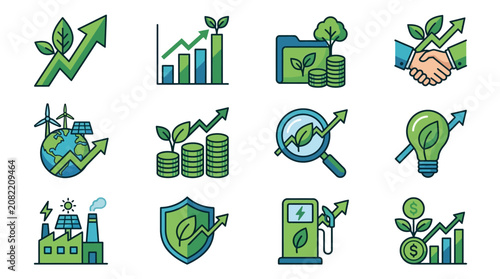 Dynamic Illustrations of Green Economy Growth Sustainability and Financial Success with Colorful Icons