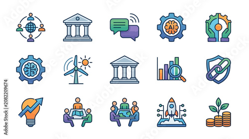 Modern Colorful Infographic Icons Set Featuring Global Collaboration AI Finance Energy Security Innovation and Growth Concepts