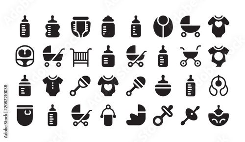 Tableau sur toile Newborn equipment vector icons with variety of milk bottles baby strollers and bib designs