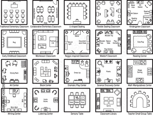 Various classroom floor plan diagrams illustrating diverse educational seating arrangements and learning center designs for modern pedagogy.