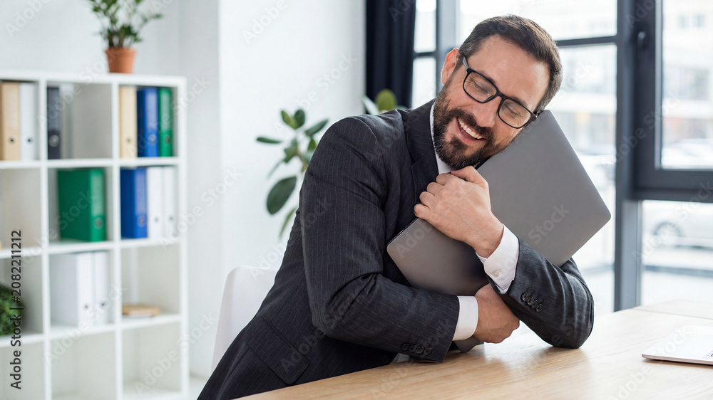 Fototapeta premium Happy Businessman Hugging Laptop with Smile in Modern Office Workspace.