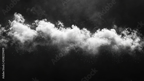 White smoke cloud formation against a dark background with subtle particles creating a dramatic visual effect in a monochromatic style