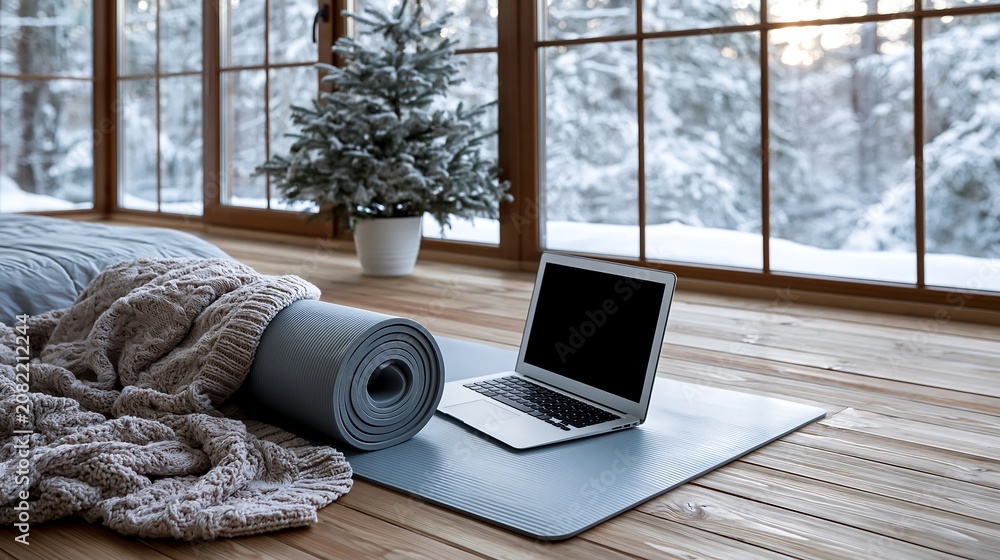 Fototapeta Cozy Winter Wellness: Yoga Mat and Laptop Beside a Snowy Window View
