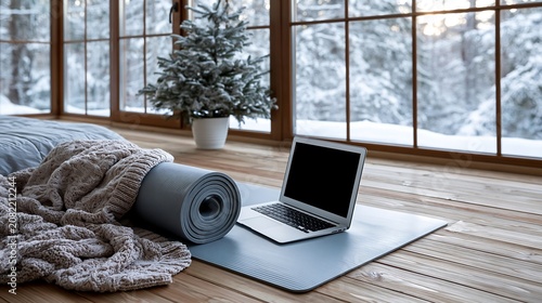 Cozy Winter Wellness: Yoga Mat and Laptop Beside a Snowy Window View