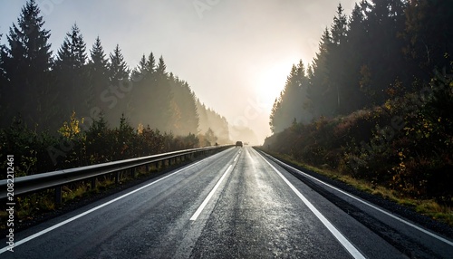 A serene highway stretching into the distance, flanked by dense forests on both sides, with the sun shining brightly ahead