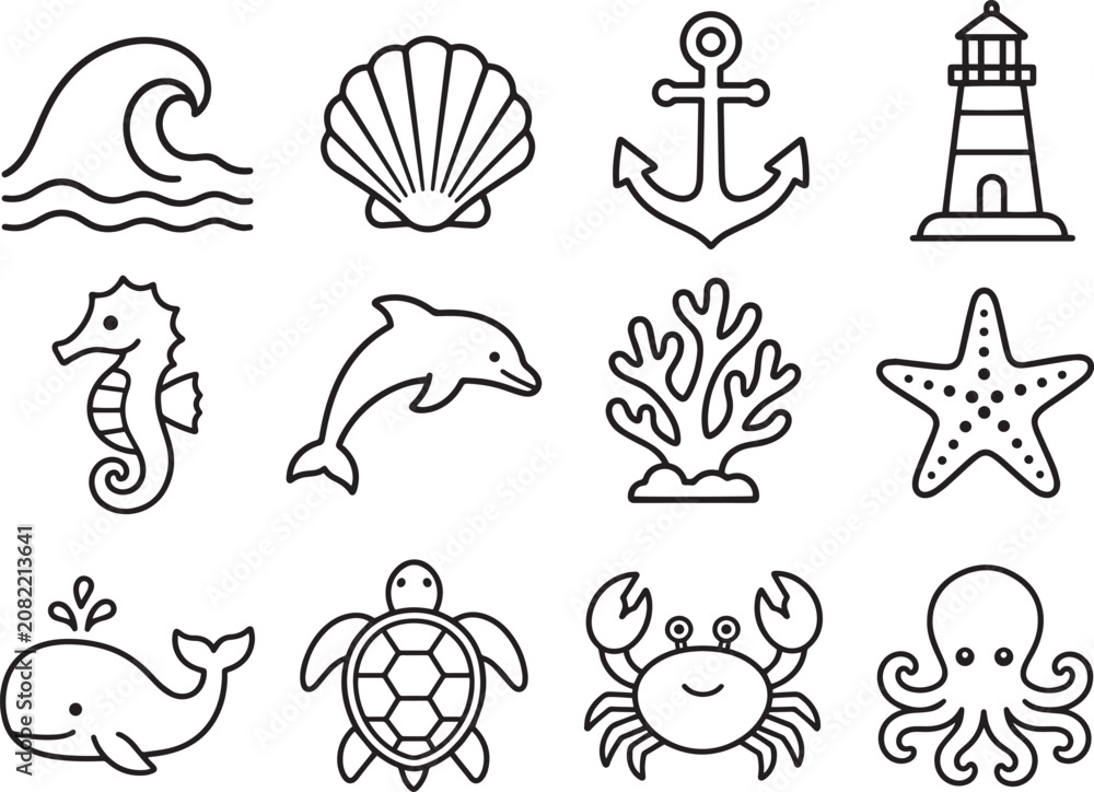 Fototapeta premium Ocean Modern and Premium Icon Set, Featuring wave, seashell, anchor, lighthouse and More, Editable Stroke, Outline Icon Collection
