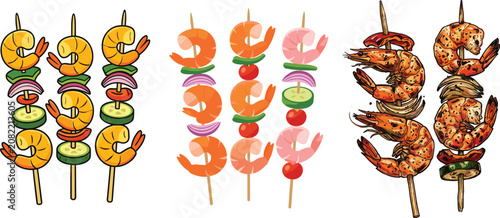 Grilled Shrimp Skewer Vector Set with Vegetable Kabobs, BBQ Seafood Sticks, and Summer Barbecue Food Illustrations for Menu Designs