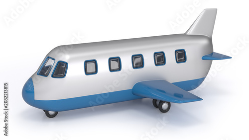 Сlose-up of a toy silver and blue airplane mockup. 3d illustration on white background