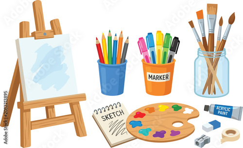 Artist Tools Vector Set with Easel, Canvas, Sketchbook, Pencils, Markers, Paintbrushes, and Color Palette for Creative Design Projects