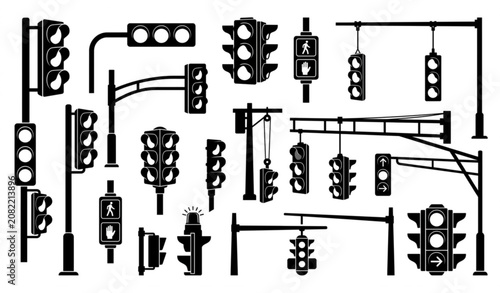 Tableau sur toile Traffic Control Light Collection Horizontal and Vertical Signal Icons Black Vect