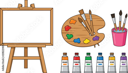 Art Supplies Vector Set with Painting Easel, Canvas, Palette, Paintbrushes, and Color Tubes for Creative and Artist Design Projects