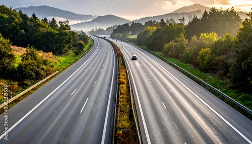 A serene highway winds through a lush landscape with trees and mountains