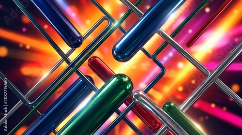 Abstract background featuring intersecting metallic tubes with glowing colorful lights and geometric structural lines, abstract
