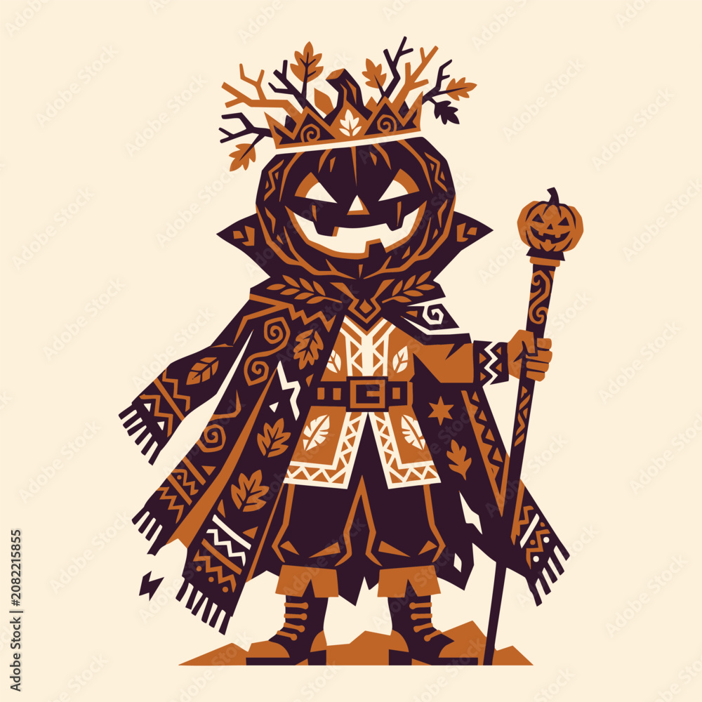 Obraz premium Halloween character design with pumpkin head and staff