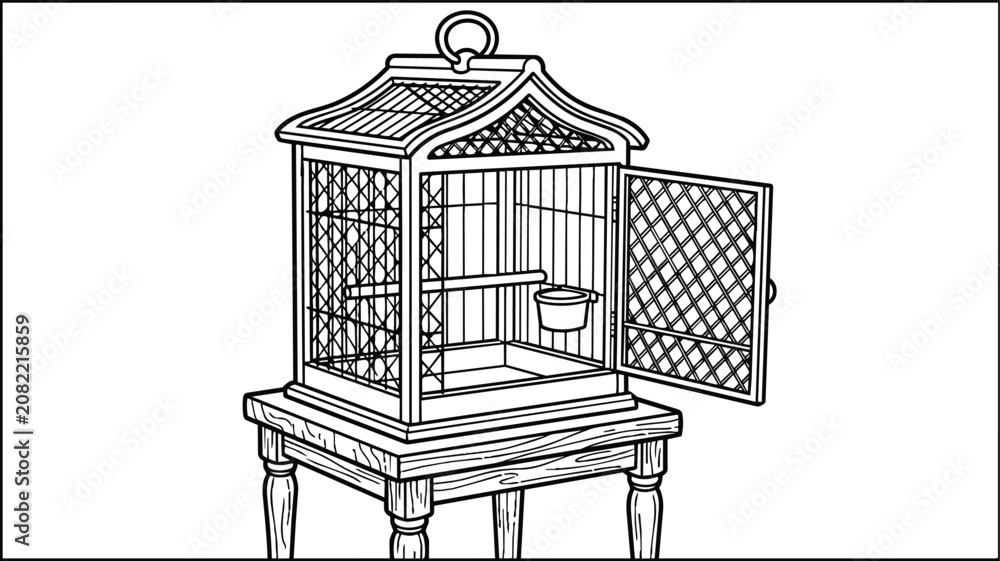 Fototapeta premium Line art birdcage on wooden stand with open door for coloring practice
