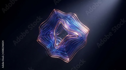 Abstract iridescent hexagonal geometric shape floating in dark space with sci fi abstract geometric hexagonal iridescent
