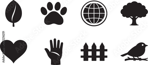 Wildlife welfare silhouette icon set featuring animals and nature symbols in editable vector EPS format.