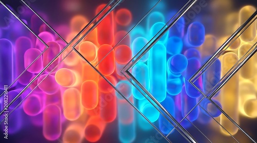 Abstract background of glowing colorful glass tubes arranged in geometric patterns with multi colored abstract background