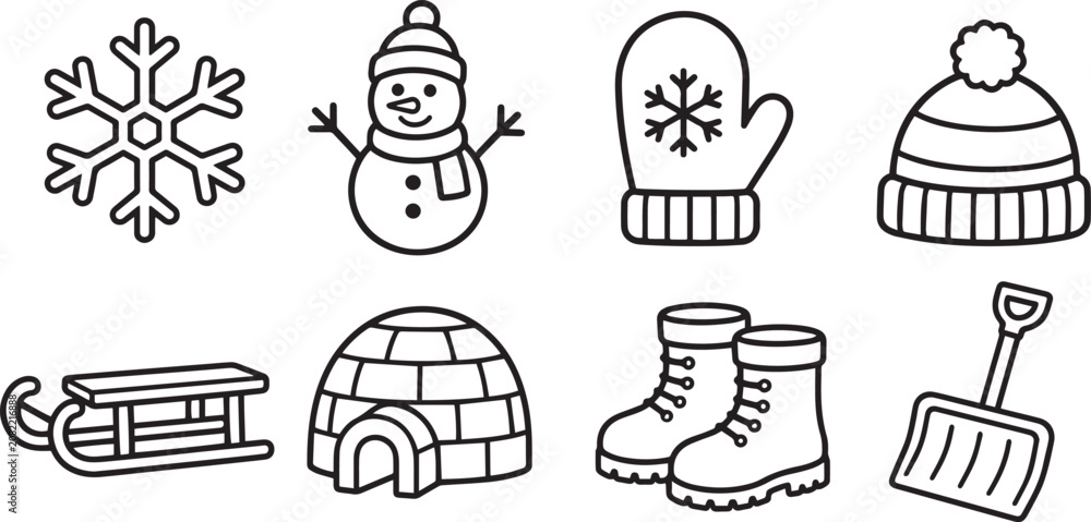 Fototapeta premium Snow Modern and Premium Icon Set, Featuring snowflake, snowman, mitten, beanie and More, Editable Stroke, Outline Icon Collection