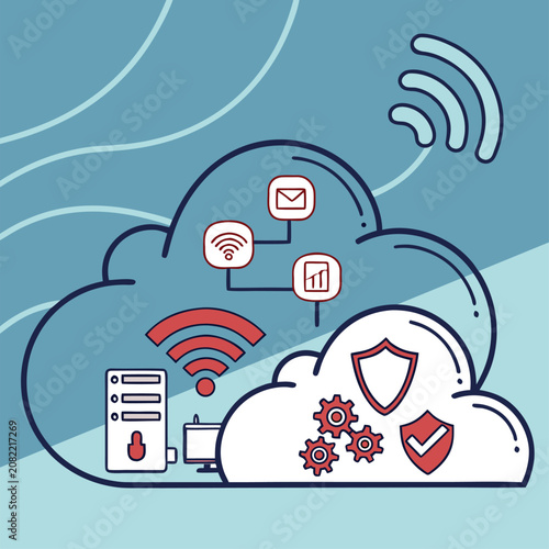 Cloud computing network security and wireless connectivity concept with security
