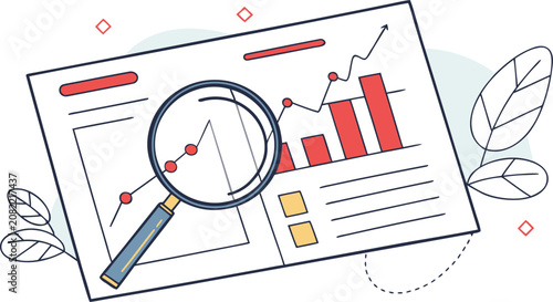 Magnifying glass examining financial growth chart on paper document