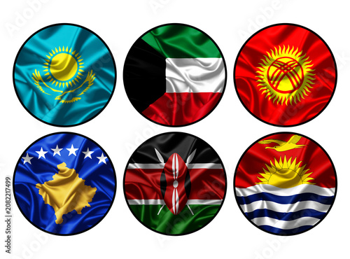 Set of round silk national flags from Kazakhstan Kuwait Kyrgyzstan Kosovo Kenya and Kiribati