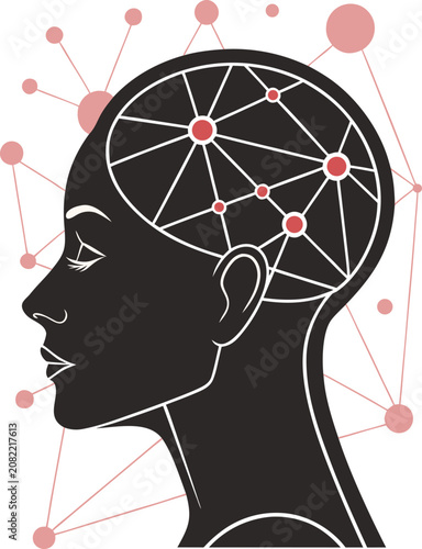 Conceptual black and white human head profile with connected network nodes, intelligence