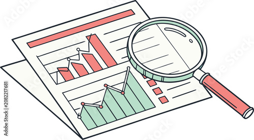 Magnifying glass examining financial growth chart on paper document