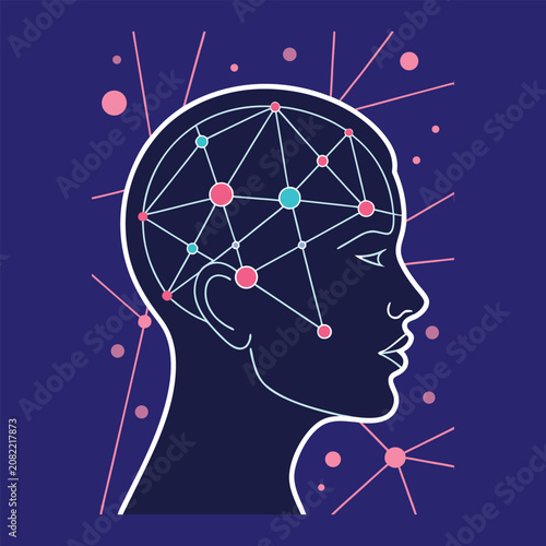 Conceptual human head profile with connected network nodes, intelligence