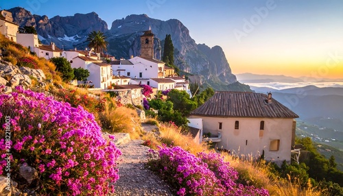 A serene hillside village with white buildings, brown roofs, and vibrant pink flowers