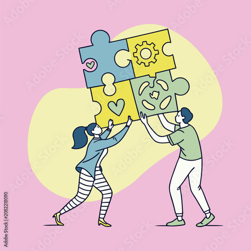 Man and woman assembling large puzzle pieces for teamwork concept with teamwork