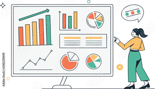Business professional woman analyzing financial charts on a large digital screen