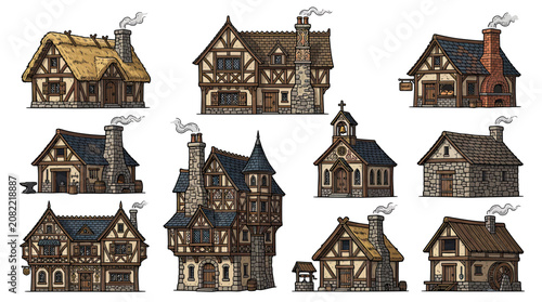 Fotografía Medieval Village Houses Collection, Fantasy Architecture, Old Town Buildings