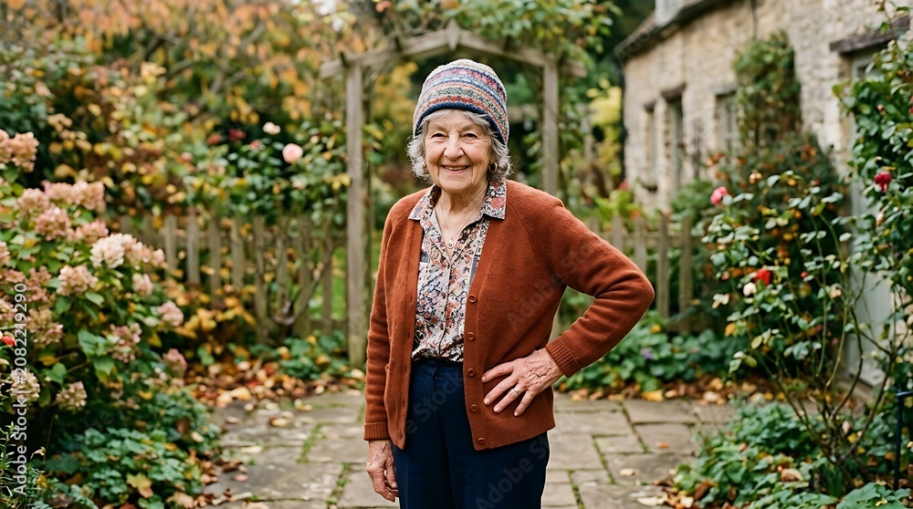 Fototapeta premium Smiling senior woman standing outdoors in front of cottage garden property.