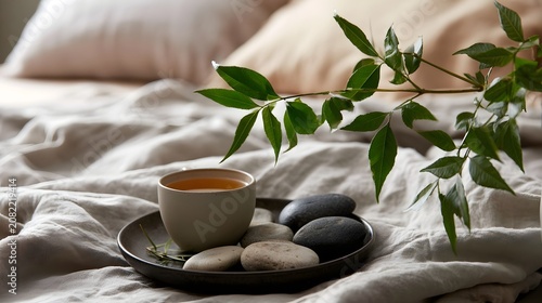 Overhead view of a curated wellness scene featuring herbal tea smooth stones and soft linens for ultimate relaxation