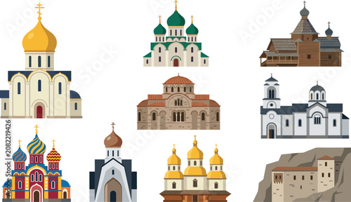 Quadro su tela Orthodox church and cathedral building architecture vector illustration set with