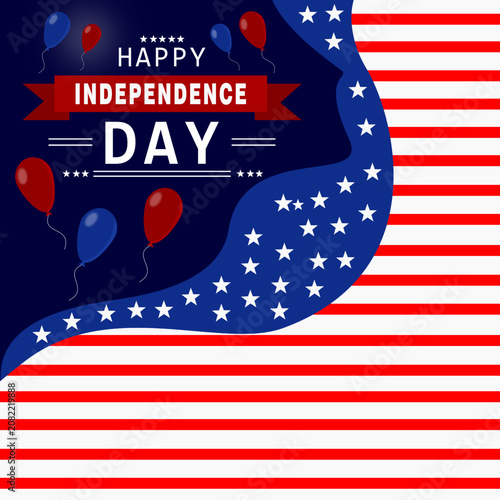 Celebration Independence Day Banner with American Flag and Balloons on Transparent Background