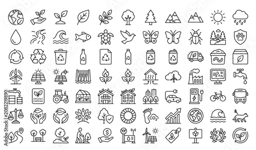 Bild auf Leinwand Environment Outline Icon Set with Nature Ecology Conservation Recycling Renewabl