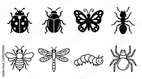 Fotografía Insect silhouettes collection black and white vector illustration