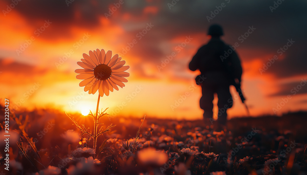 Fototapeta premium Chamomile flower in sharp focus surrounded by flying debris with soldier's silhouette blurred against dramatic golden sunset. Highlights vivid colors, contrasting fragility of flower with resilience.