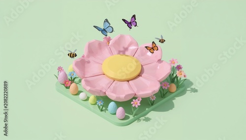 3D rendered pastel spring flower with butterflies and bees on green background.