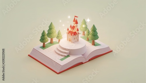 Magical fairy tale castle emerging from an open storybook.