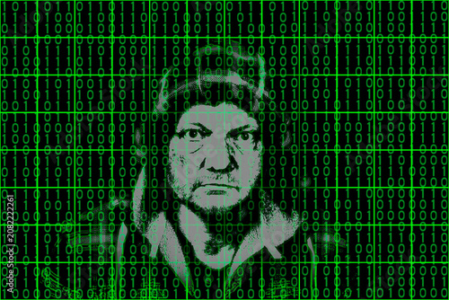 Green grid and binary code on a screen with human head silhouette in background. Common man reflection on digital display as spectator of artificial world image in virtual net of one and zero numbers.