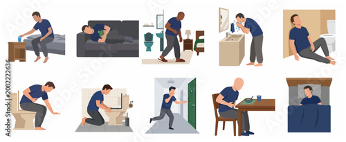 Bild auf Leinwand Set of flat vector illustrations depicting a man suffering from food poisoning, stomach ache, nausea, and indigestion symptoms in various daily situations