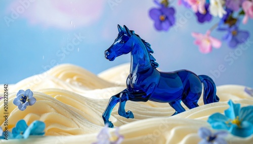 Majestic Blue Glass Horse Statue with Flowers and Liquid Splash
