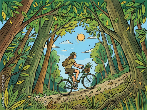 Cyclist riding bicycle on forest trail vector illustration